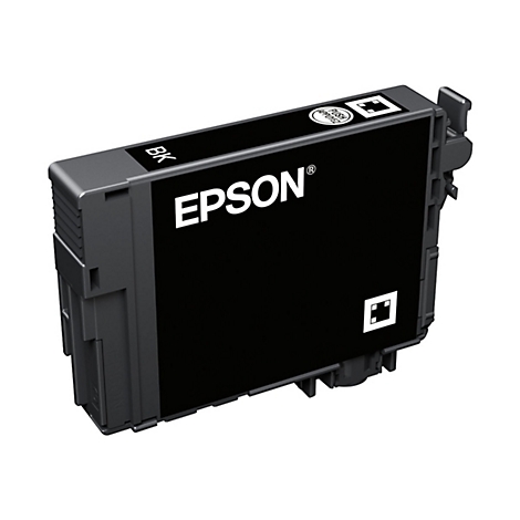 Eine schwarze Epson Tintenpatrone mit 'EPSON' Schriftzug. Auf der Patrone steht 'BK'.
