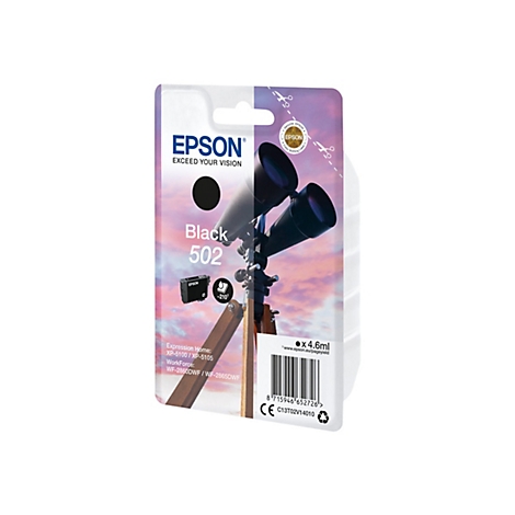 Epson-Tintenpatrone Black 502 in Blisterverpackung, mit einem Teleskop und einer farbenfrohen Wolkenlandschaft im Hintergrund.