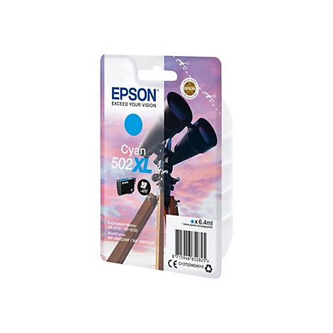 Packung mit Epson Cyan 502XL Druckerpatrone. Die Packung zeigt ein Teleskop vor einem farbenfrohen Hintergrund.