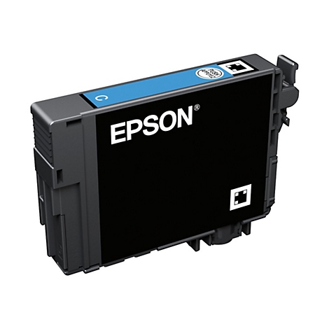 Epson Tintenpatrone in Schwarz und Cyan. Aufschrift EPSON. Blaues Rechteck auf der Oberseite.