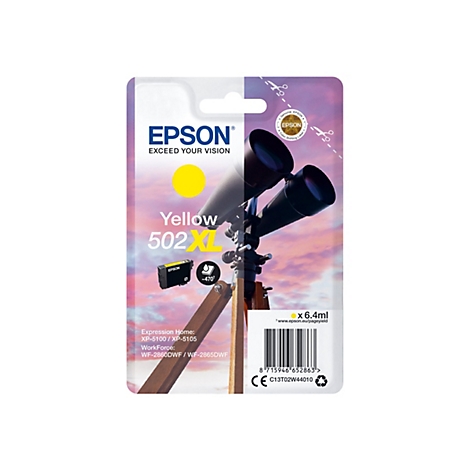 Gelbe Epson Tintenpatrone 502 XL, Bild eines Teleskops. Aufschrift: Epson. Exceed your vision. x 6,4 ml.