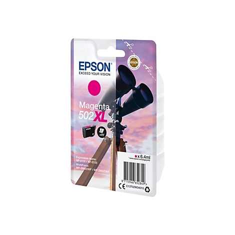 Packung einer Epson Magenta 502 XL Tintenpatrone. Aufdruck: Epson Exceed Your Vision. Im Hintergrund ist ein Teleskop zu sehen.