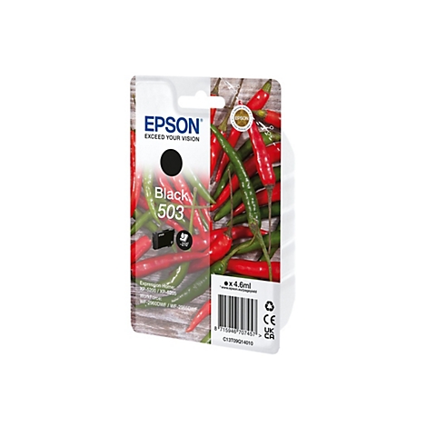 Schwarze Epson Tintenpatrone, vor einem Hintergrund aus roten und grünen Chilischoten abgebildet.