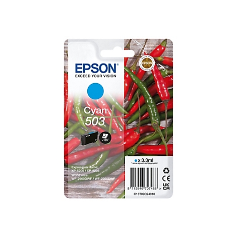 Une cartouche d'encre Epson, placée sur un fond de piments rouges et verts. Sur la cartouche, on peut lire "Cyan 503", le logo Epson est visible.