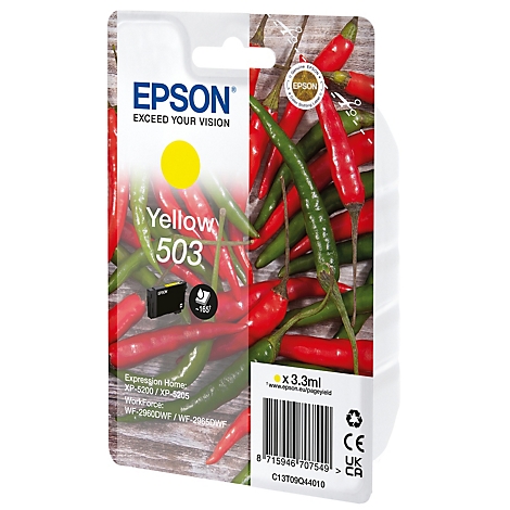 Cartouche d'encre jaune Epson 503 devant un arrière-plan de piments rouges et verts, avec des informations sur le produit.