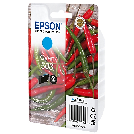 Cartouche d'encre Epson Cyan 503 sur fond de piments rouges et verts.