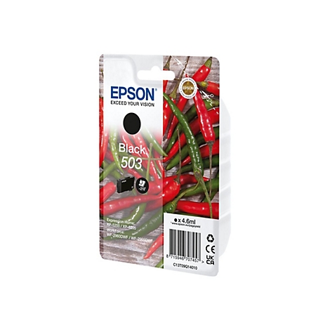 Cartouche d'encre noire Epson sur fond de piments rouges et verts. Texte : Black 503, x 4,6 ml.
