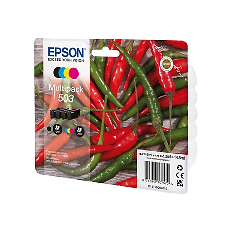 Multipack de cartouches d'encre Epson 503 sur un fond de piments rouges et verts.