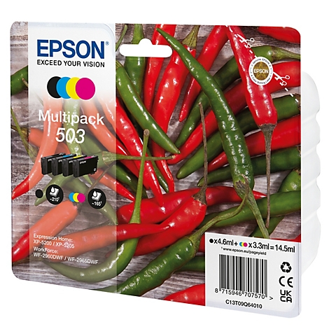 Multipack de cartouches d'encre Epson 503 devant un fond de piments rouges et verts.