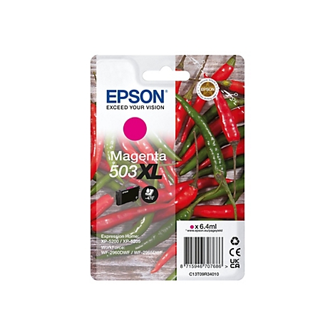 Eine Epson Tintenpatrone in Magenta vor einem Hintergrund aus roten und grünen Chilischoten. Auf der Patrone stehen die Wörter "Magenta 503 XL".