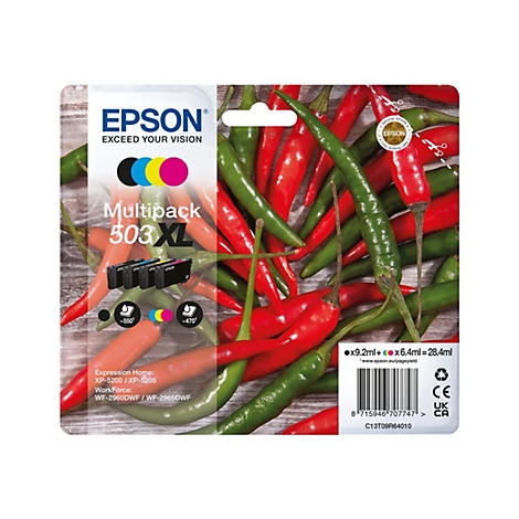 Epson Tintenpatronen-Multipack 503XL vor einem Hintergrund aus roten und grünen Chilischoten. Die Verpackung zeigt das Epson-Logo und die Farben des Druckers.