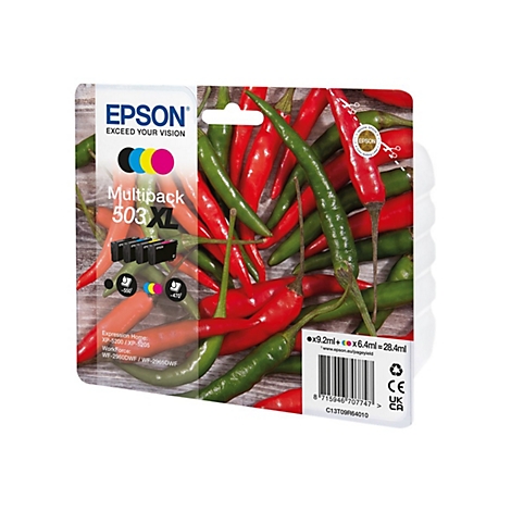 Epson Tintenpatronen-Multipack 503XL, umgeben von roten und grünen Chilischoten. Produktbeschriftung, Markennamen und Text in verschiedenen Bereichen des Bildes.