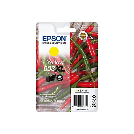 Cartouche d'encre jaune Epson 503XL sur un fond de piments rouges et verts.