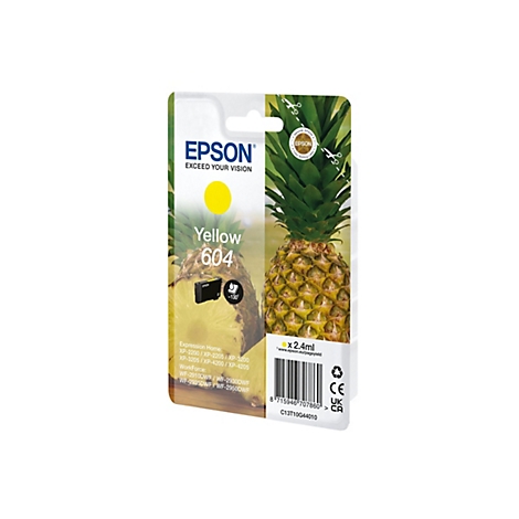 Gelbe Epson Tintenpatrone 604, mit Ananas-Hintergrund. Aufschrift: Yellow, 604. Gelbes Tinten-Symbol.