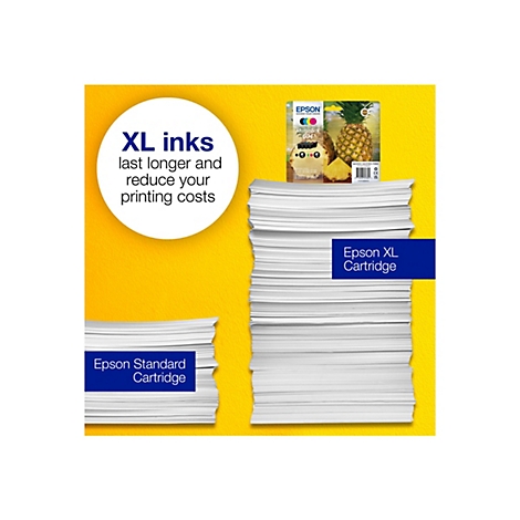 Gelber Hintergrund mit Text 'XL inks'. Stapel Papier, Tintenpatrone und Ananas-Abbildung.