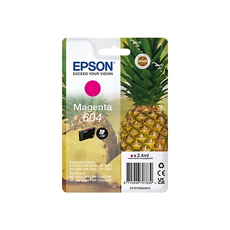 Eine Tintenpatrone für Epson-Drucker mit Aufdruck "Magenta 604" vor einem Ananas-Hintergrund. Die Verpackung trägt Logos und Produktbezeichnungen.
