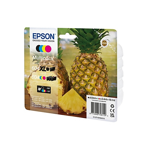 Eine Produktverpackung mit Tintenpatronen vor Ananas, inklusive Logos und Schriftzügen.