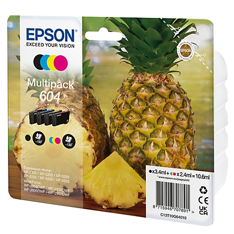 Epson Tintenpatronen-Multipack 604 vor Ananas. Oben links das Epson-Logo. Aufschrift: Multipack 604. Auf der Packung ist eine Ananas abgebildet.