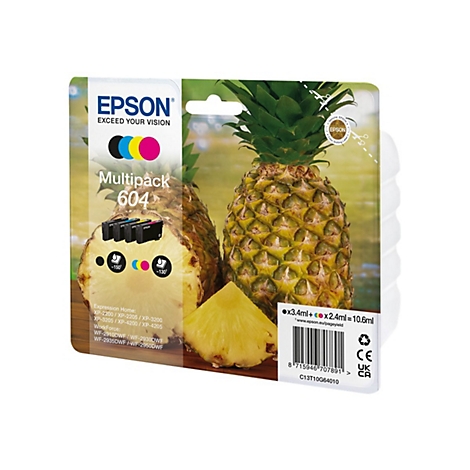 Epson Tintenpatronen-Multipack 604 vor Ananas-Hintergrund. Schriftzüge und Angaben zur Kompatibilität, Farben.