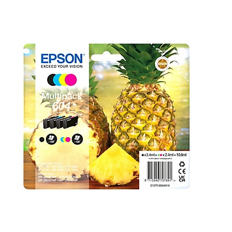 Eine Epson Multipack 604 Tintenpatronen-Verpackung, abgebildet neben einer Ananas und einem Ananasstück. Die Packung hat das Epson-Logo und Produktinformationen.