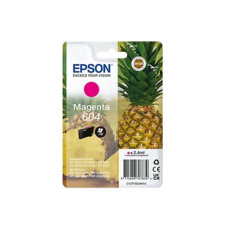 Epson Tintenpatrone, Magenta 604, mit Ananas-Hintergrund. Aufschrift "Epson, exceed your vision".