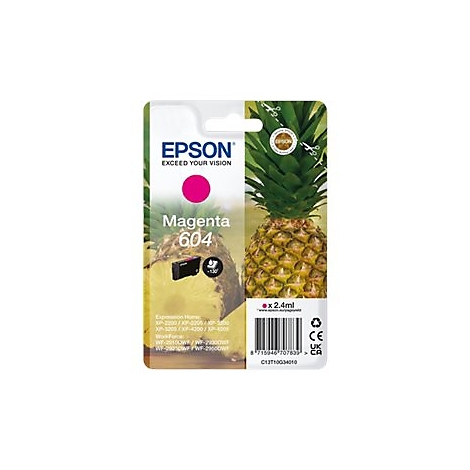 Epson Magenta 604 Tintenpatrone, vor Ananas Hintergrund. Inhalt 2,4ml.