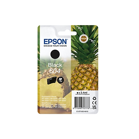 Schwarze Epson Tintenpatrone mit Ananas-Hintergrund. Auf der Patrone steht "Black 604".