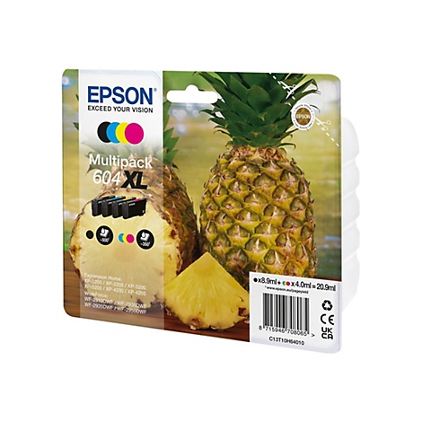 Epson Tintenpatronen-Multipack, 604XL, mit Ananas-Hintergrund. Schwarze, Cyan, Gelb und Magenta Patronen, Produktinformationen und Strichcode.