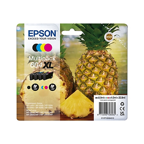 Eine Packung Epson Druckerpatronen mit Ananas Hintergrund. Die Packung ist geöffnet und zeigt die schwarzen, cyan, gelben und magentafarbenen Tintenpatronen.