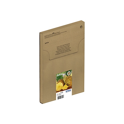 Brauner Karton mit Text und Ananas-Motiv. Aufschrift: Epson Easy Mail Packaging. Ein Bild von Ananas und Tintenpatronen.