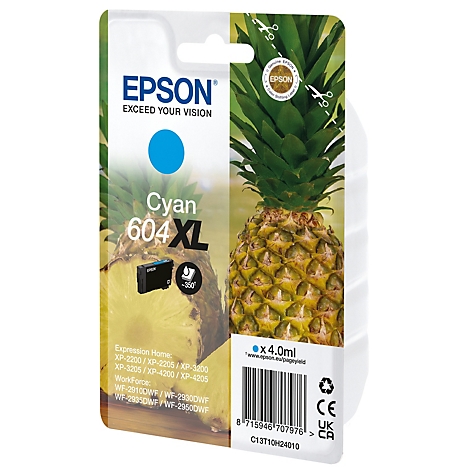 Epson-Tintenpatrone, cyanfarben, mit Ananas-Hintergrund. Aufschrift: Cyan 604 XL, 4.0ml, für verschiedene Drucker.