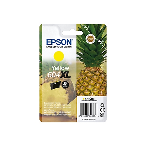Gelbe Epson Tintenpatrone 604XL auf einem Hintergrund aus Ananas. Auf der Patrone stehen die Wörter "Yellow" und "604XL".
