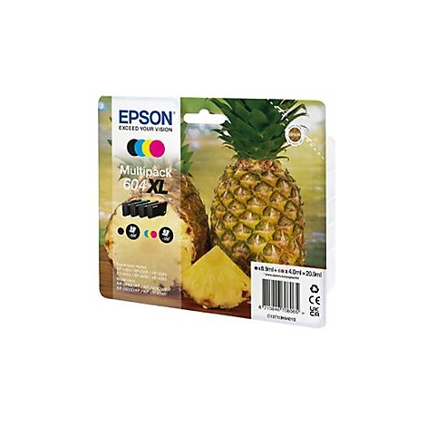 Epson Tintenpatronen-Multipack 604 XL mit Ananas-Hintergrund. Die Packung zeigt die Tintenpatronen und das Epson-Logo.