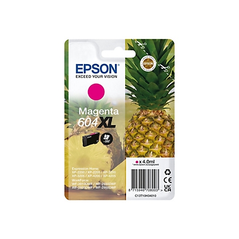 Eine Tintenpatrone für Drucker vor Ananas Hintergrund. Die Packung zeigt das Epson Logo und die Aufschrift Magenta 604 XL.