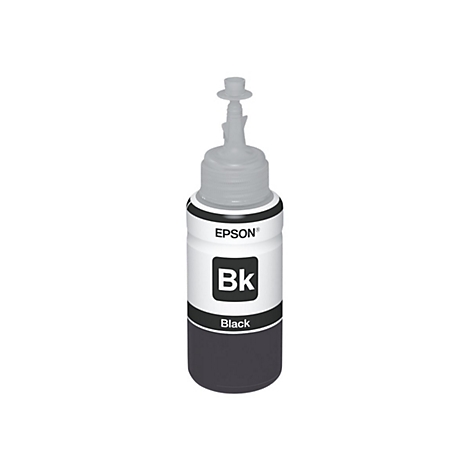 Flacon d'encre noire de la marque Epson. L'étiquette blanche indique "BK" et "Black". Le bouchon est gris.