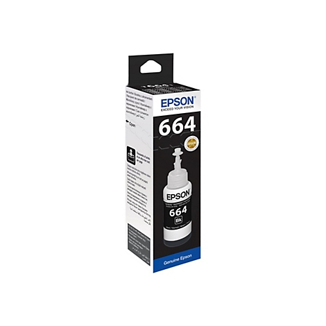 Flacon d'encre noire Epson portant la mention 664. Il se trouve à côté de la boîte, sur laquelle sont affichés Epson, la désignation 664 et le logo BK.