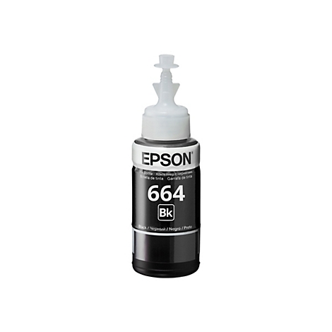 Encre noire Epson en bouteille. Inscription : 664. Un petit insert est sur la fermeture.