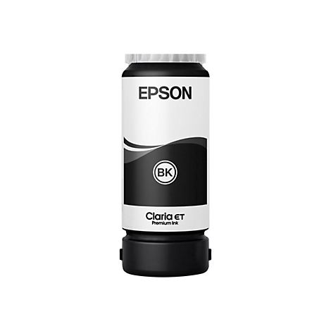 Schwarz Tintenflasche der Marke Epson. Die Flasche ist schwarz und weiß mit der Aufschrift „EPSON“ und „Claria ET Premium Ink“.