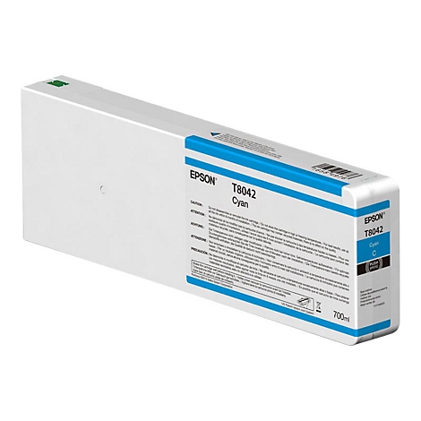 Epson T8042 Tintenpatrone in Cyan. Der weiÃŸe Karton hat blaue Akzente und Beschriftungen. Aufgedruckte Angaben sind erkennbar.