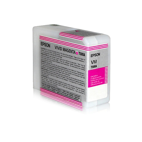 Epson Tintenpatrone "Vivid Magenta T580A". Weißer Quader mit pinkfarbenem Etikett und Schriftzug.