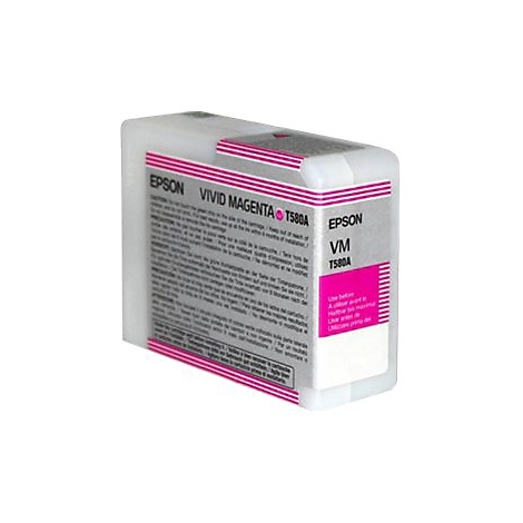 Nahaufnahme einer Epson Tintenpatrone. Aufschrift: 'Vivid Magenta' und 'T580A'. Rosa und weiße Farben dominieren.