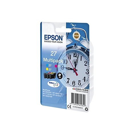 Paquet de cartouches d'encre Epson 27 Multipack. L'emballage bleu présente une horloge et les couleurs des cartouches.