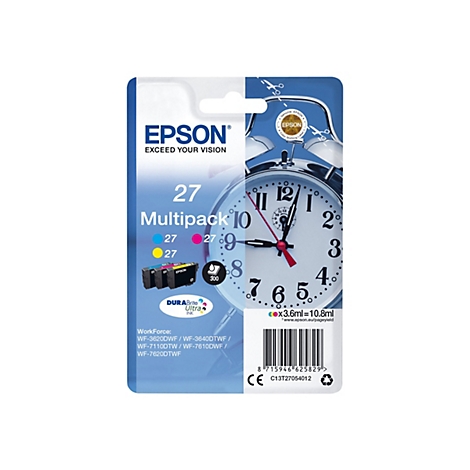 Multipack de cartouches d'encre Epson, avec une horloge en arrière-plan. On y voit des cartouches d'encre et une horloge avec des aiguilles rouges.