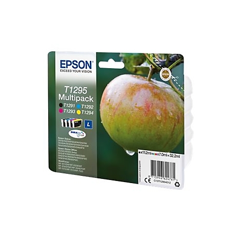 Cartouche d'encre Epson T1295 multipack. Impression avec une pomme et des gouttes d'eau.