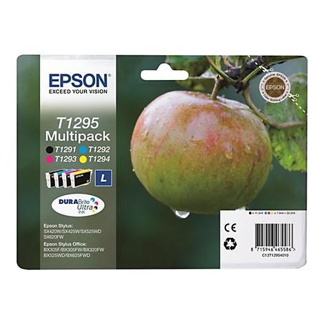 Multipack de cartouches d'encre avec une pomme avec des gouttes d'eau en arrière-plan. Le logo Epson est visible.