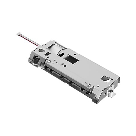 Silbernes mechanisches Bauteil auf weißem Hintergrund, mit rotem Strichcode-ähnlichem Element.