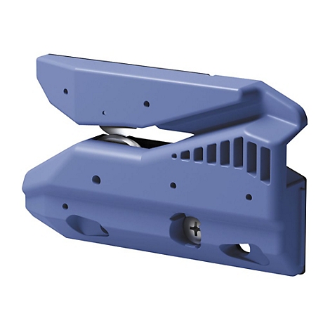 Blaues Kunststoffteil mit Schraube und Öffnungen. Oben ein Teil, unten ein Teil, dazwischen ein weißes Rad.