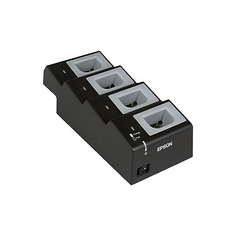 Schwarze Epson Ladestation mit vier Schächten. An der Seite Schalter und Beschriftung: Laden, Ende.