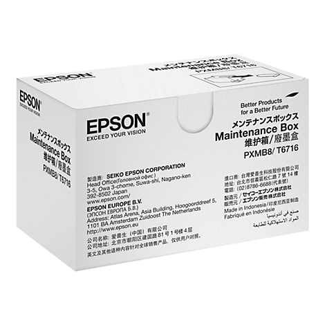 BoÃ®te blanche Epson avec l'inscription 'Maintenance Box' en plusieurs langues.