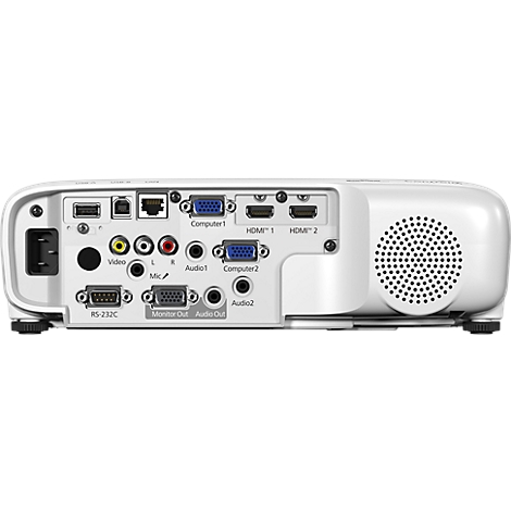 Achterkant van een witte projector met verschillende poorten: HDMI, VGA, audio, USB, stroompoort en luidspreker.